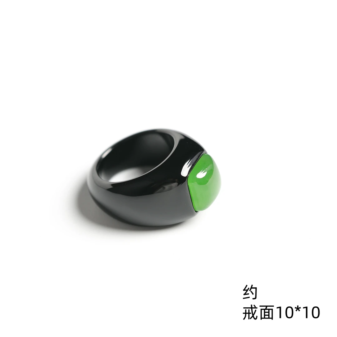 本真 | ”卓辰”严选精品和田玉高色苹果绿黑玛瑙戒指
