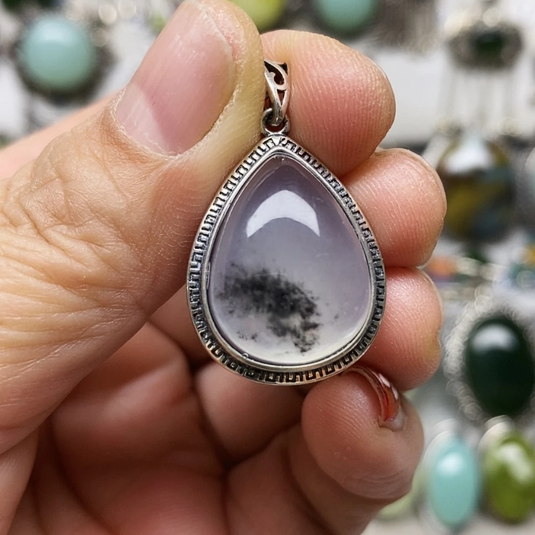 蛇纹石玉银S925镶嵌吊坠