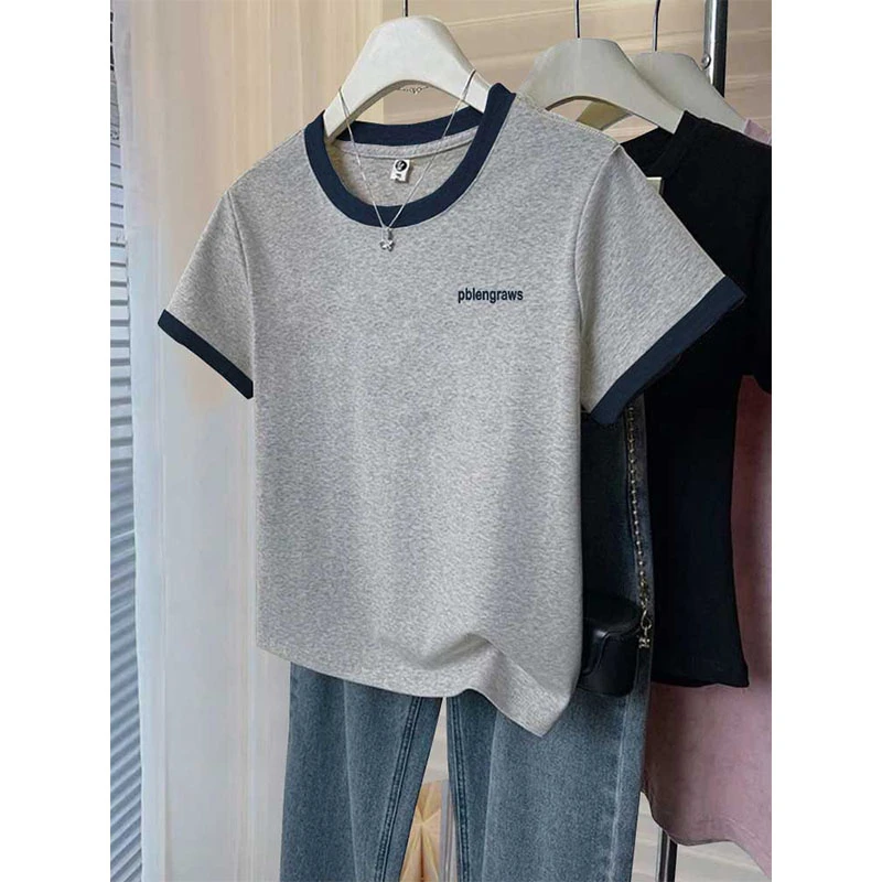 2025新款正肩拼色短袖t恤女时尚百搭洋气圆领拼色上衣打底衫夏季