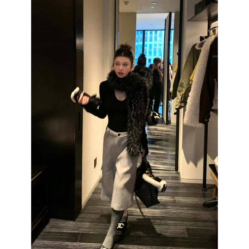 美式辣妹秋冬季穿搭U领纯色修身T恤长袖百搭打底衫高腰休闲直筒裤