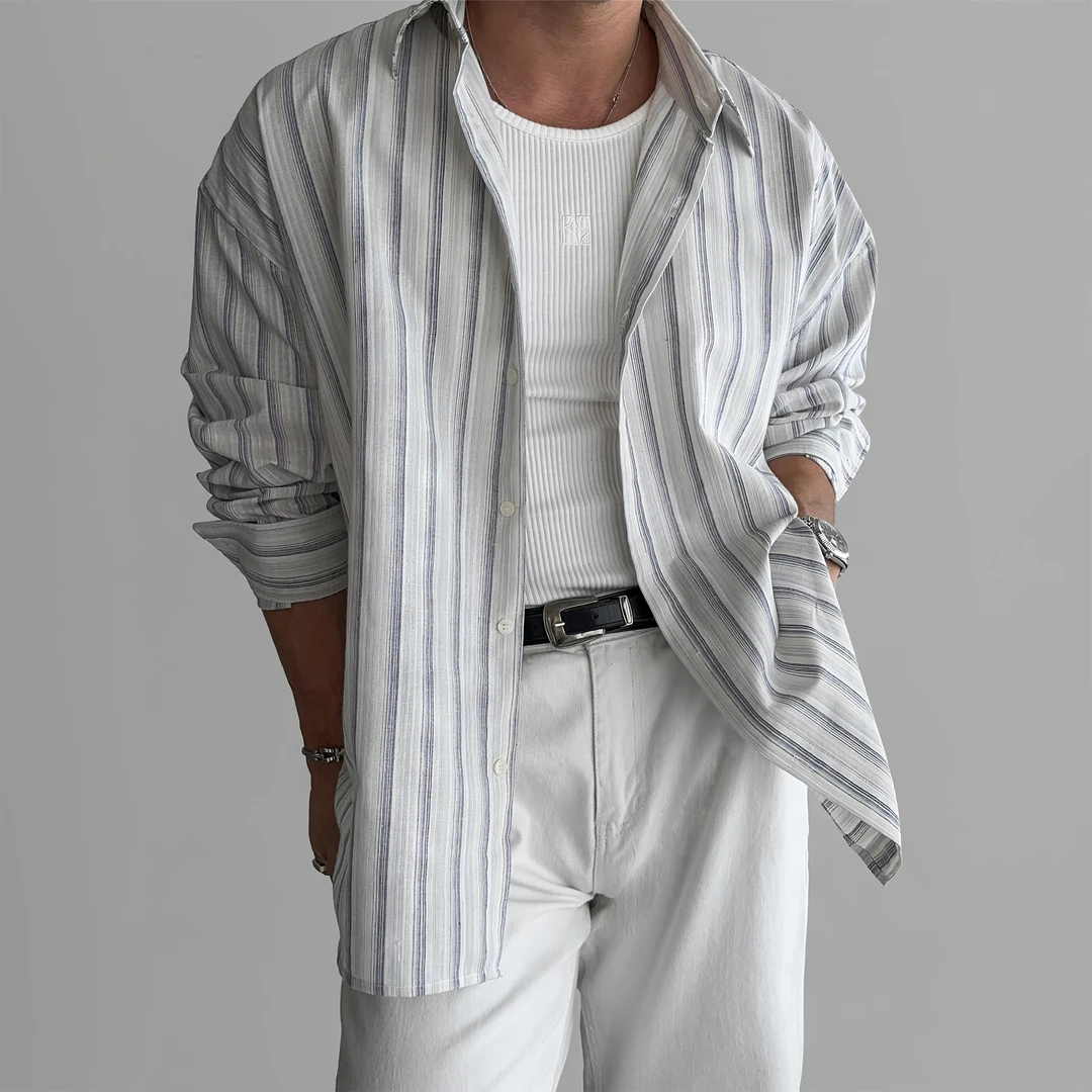长袖条纹衬衫男士春夏2025新款轻薄休闲上衣轻奢百搭防晒衬衣外套
