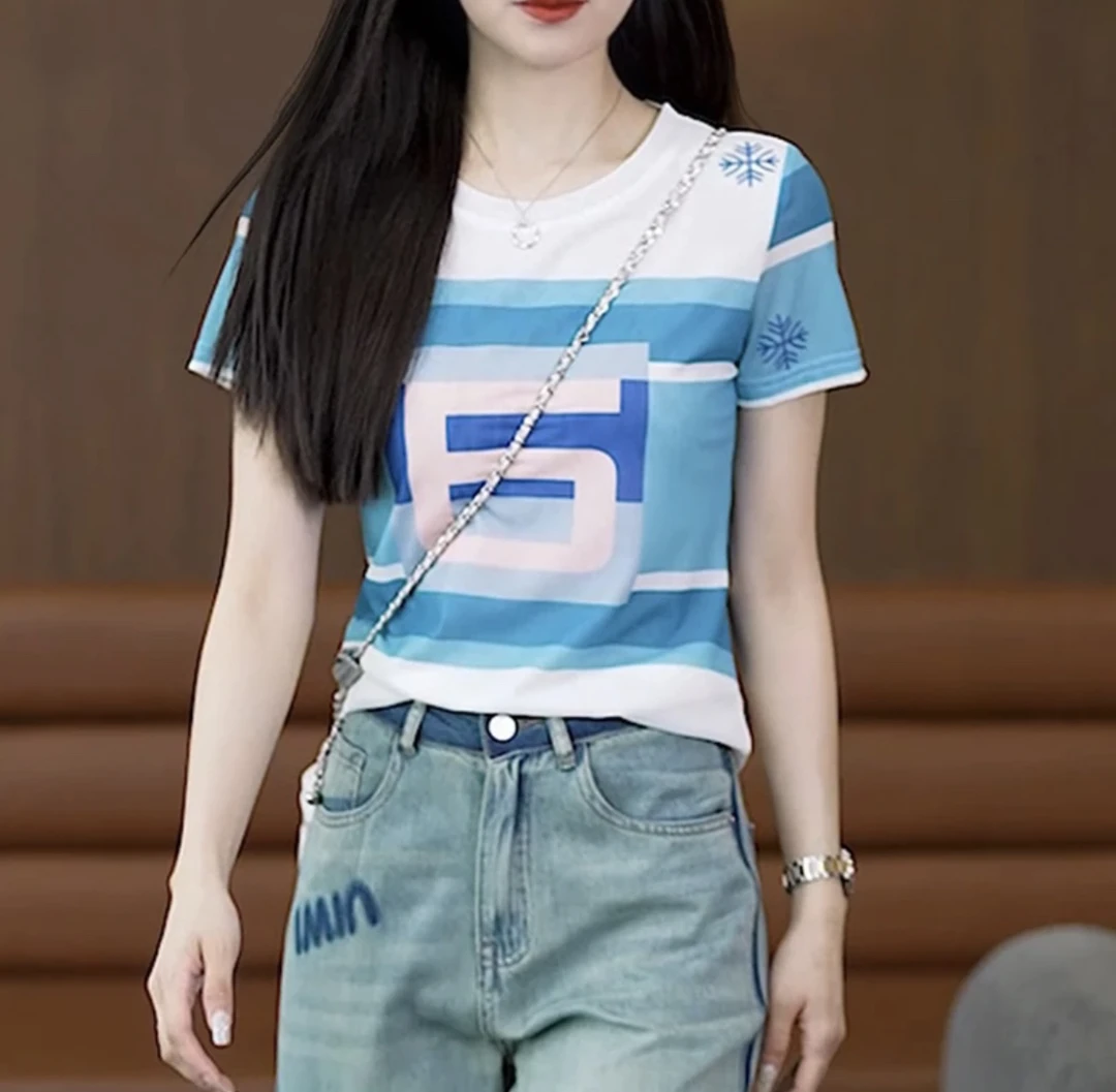 双层网纱时尚撞色印花短袖t恤女夏季新款弹力修身洋气上衣A2055