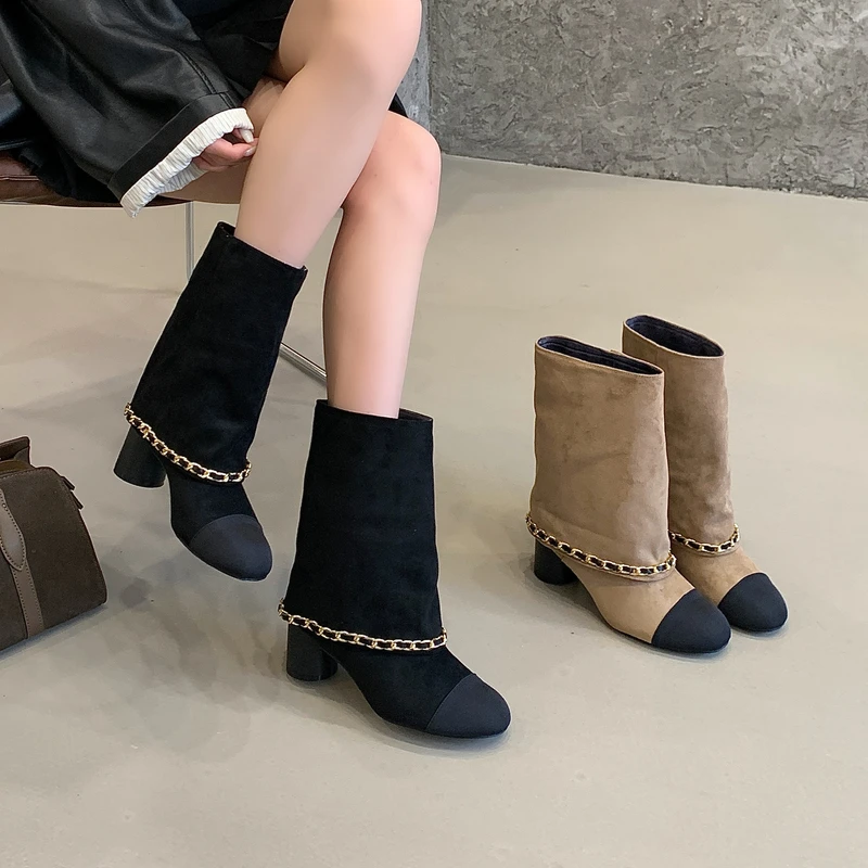 小香风圆头拼色骑士靴2025年秋季新款金属链粗跟中跟中筒裤管靴女