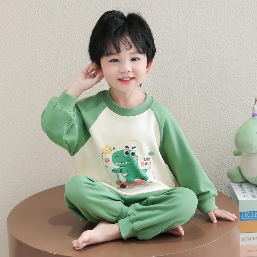 男童睡衣儿童春秋季纯棉薄款长袖卡通恐龙家居服男孩宝宝内衣套装
