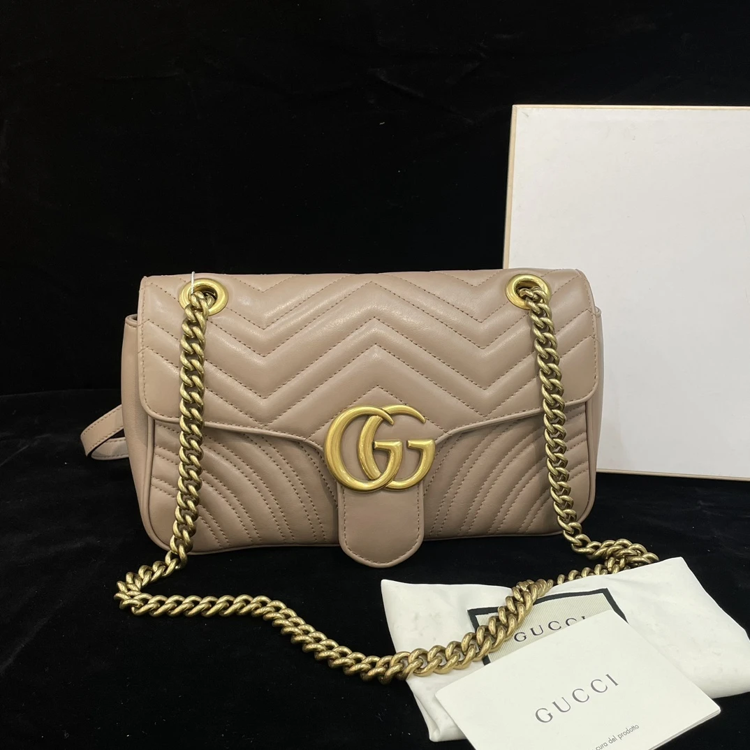95新 GUCCI/古驰 奶茶色 marmont 马蒙 26 中号 单肩包