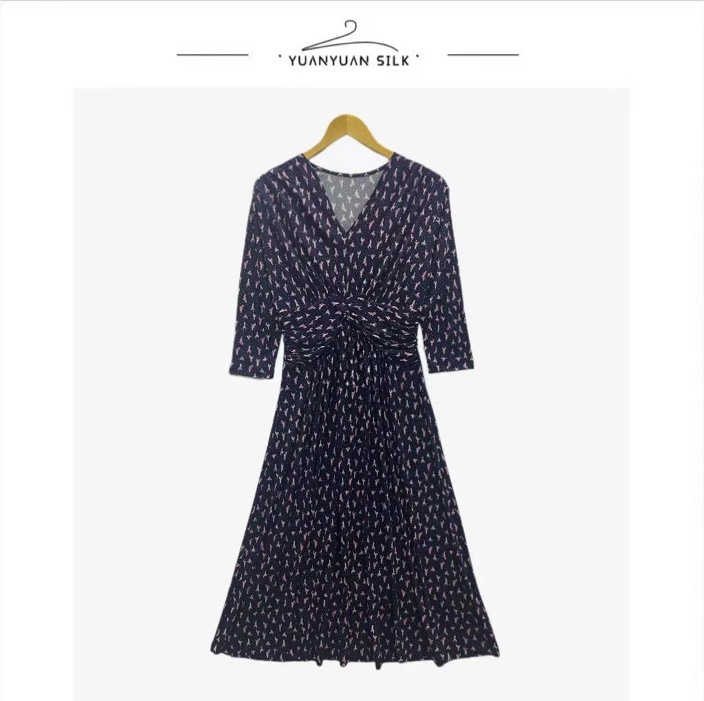 A 150g 100%桑蚕丝~/舒适轻奢/透气凉爽/时尚印花/抽皱连衣裙3708