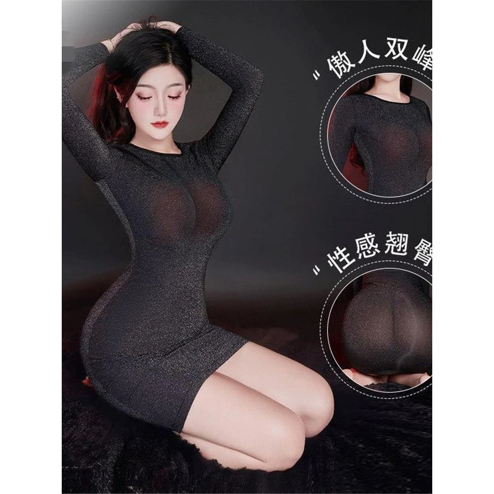 显瘦弹力户外连衣裙战袍女圆领优雅性感银丝微透露心机包臀修身