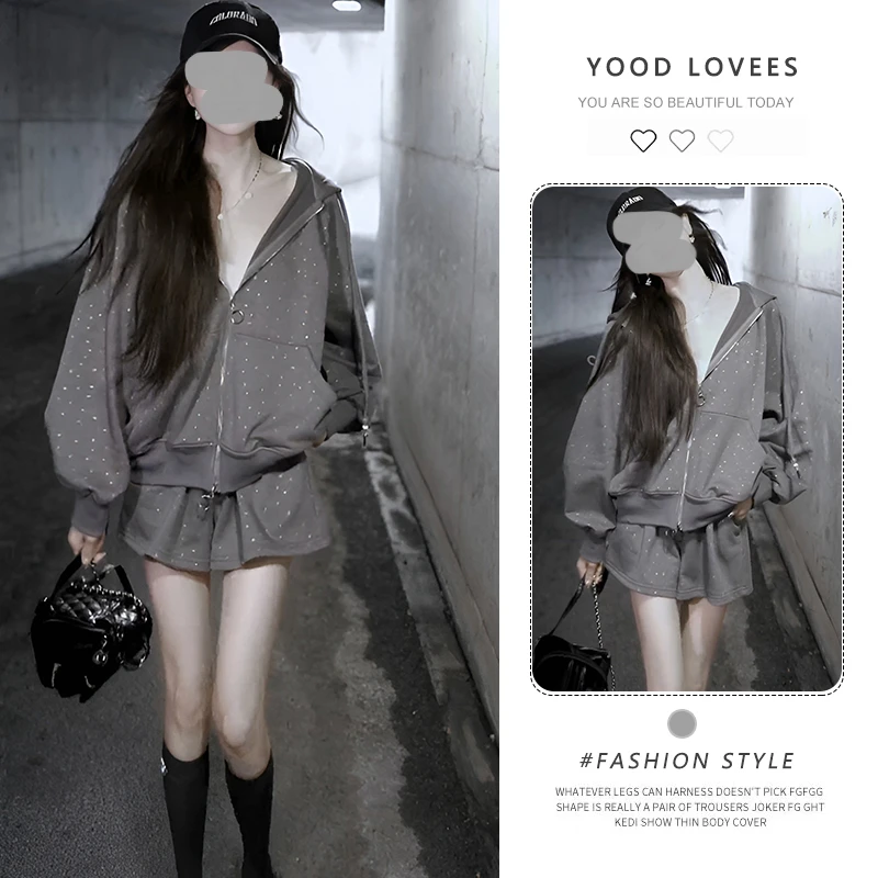 慵懒休闲套装女2025春秋新款连帽休闲长袖上衣外套直筒短裤两件套