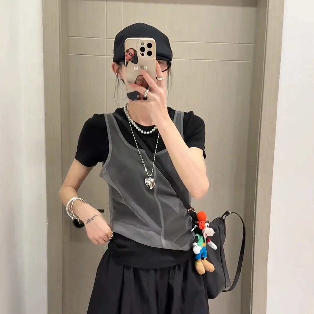 美美推荐9620谷斯新款韩系网纱背心叠穿假两件短袖t恤