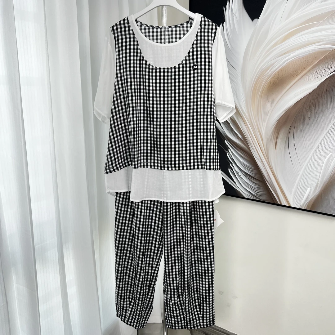 【妃儿红】T高品质时尚格纹夏季女士拼接套装-7569