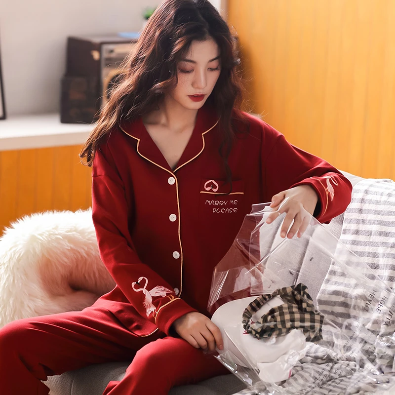 本命年红色女喜庆结婚新婚睡衣女士春秋款纯棉质秋冬款家居服薄款