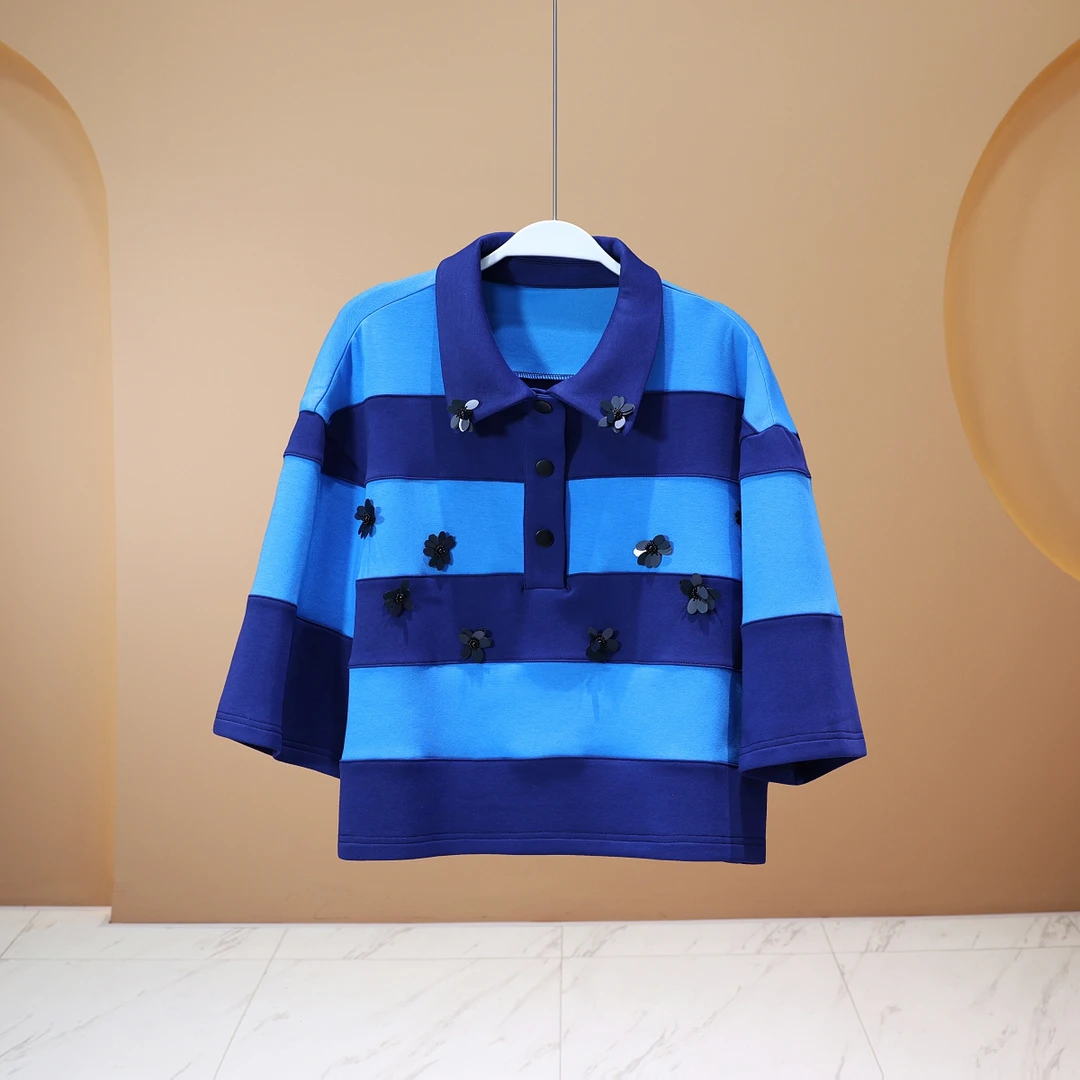 【程二女装】2025春夏季海蓝色条纹撞色POLO领时尚短袖T恤7535