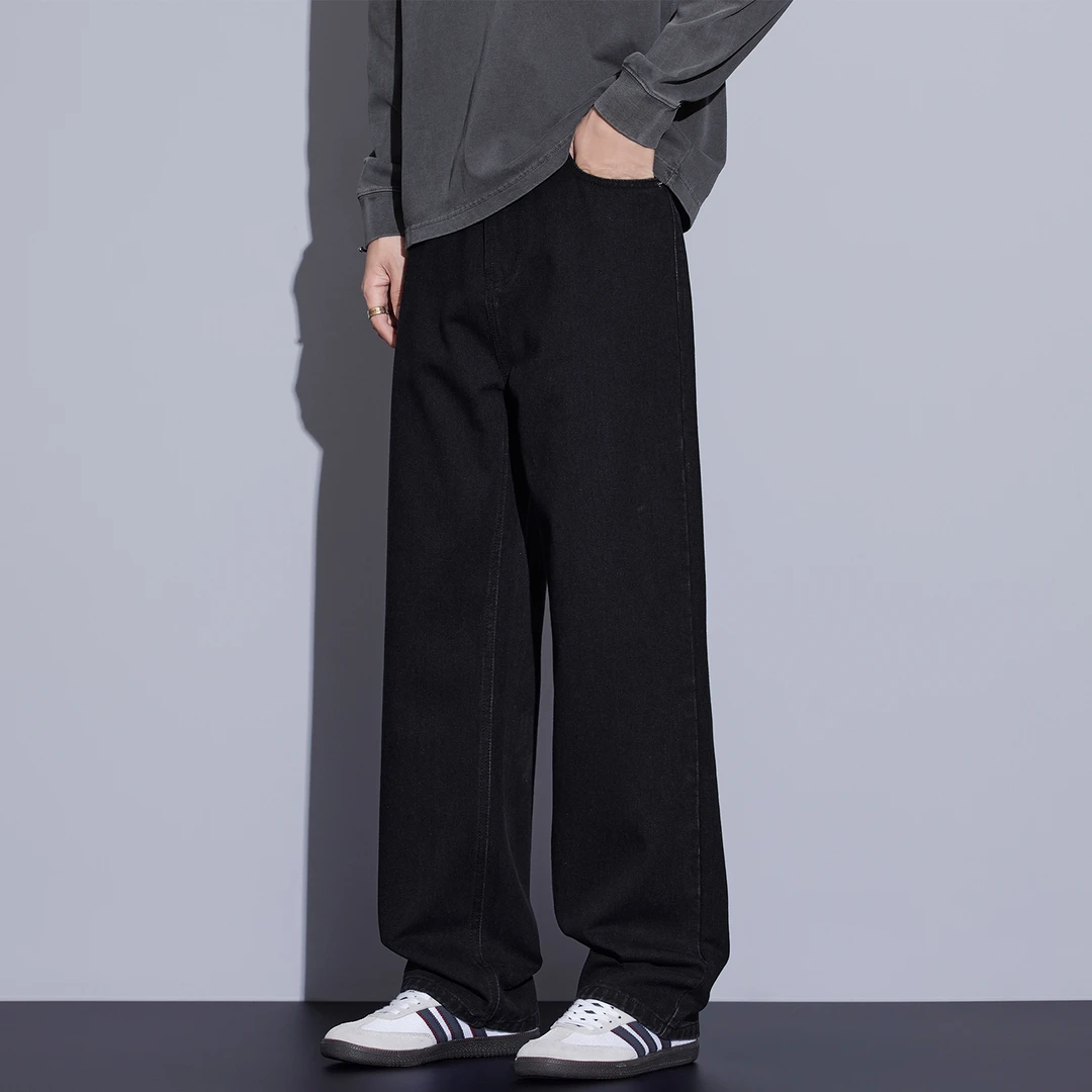 Kuvine冬季复古黑色简约百搭裤子宽松直筒水洗阔腿耐磨男士牛仔裤