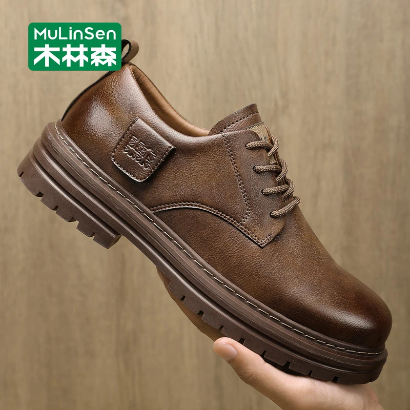 木林森男鞋2025新款秋季商务休闲复古英伦风工装休闲厚底男士皮鞋