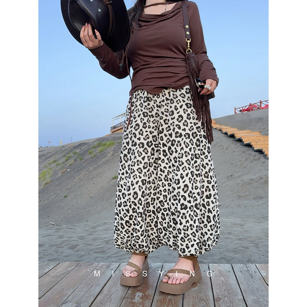 应小姐【清迈雨季】微胖大码显瘦设计感直筒百搭宽松阔腿豹纹长裤