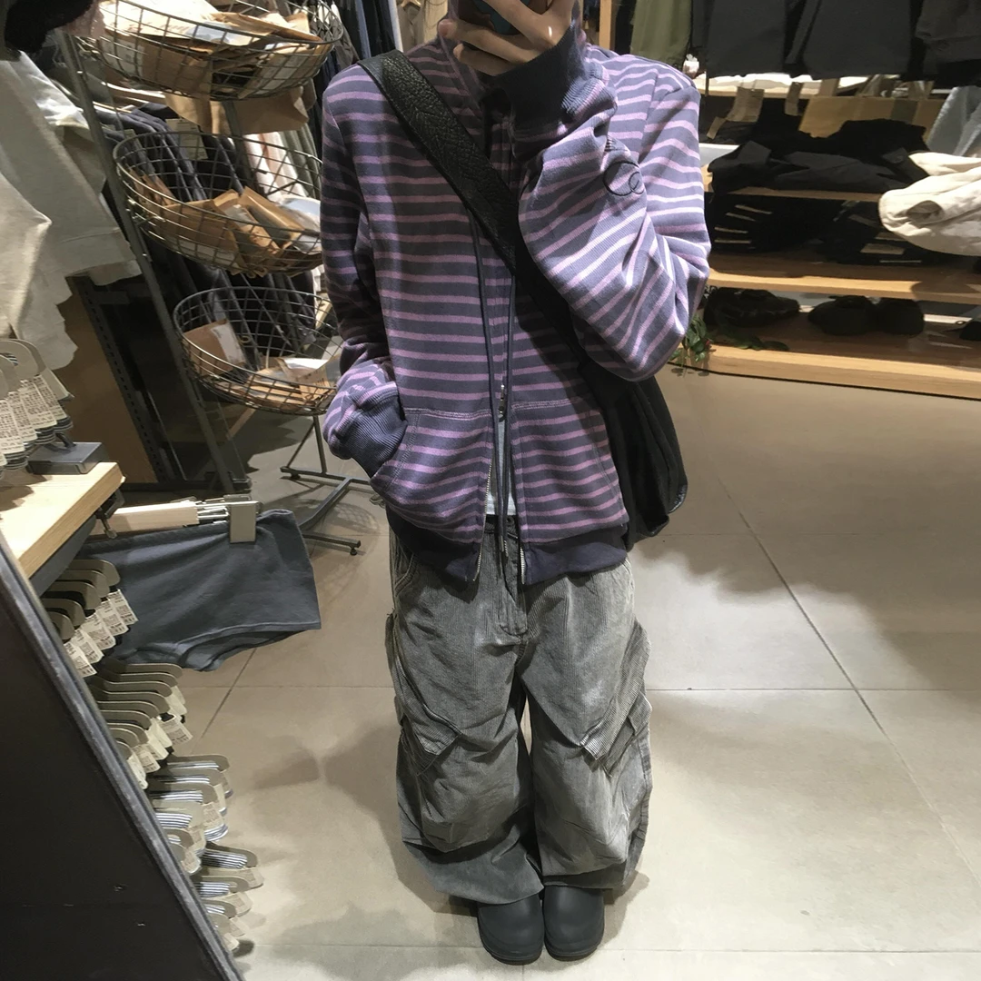 美式复古紫色条纹外套女秋冬季2025新款小个子香风绝美巨好看上衣