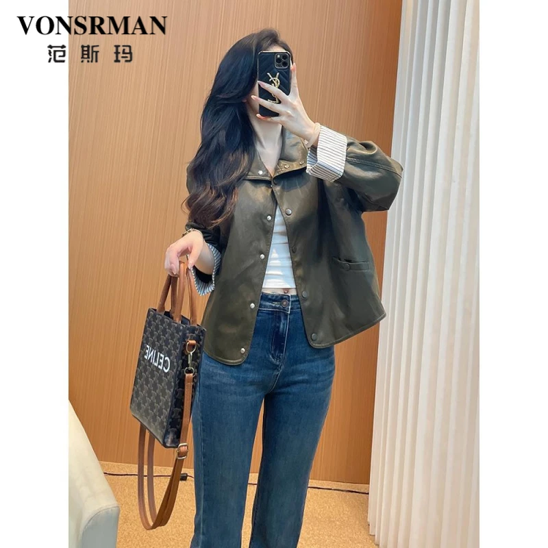 复古PU皮衣外套女款2025新款春秋韩系高级感炸街拼色机车风皮夹克