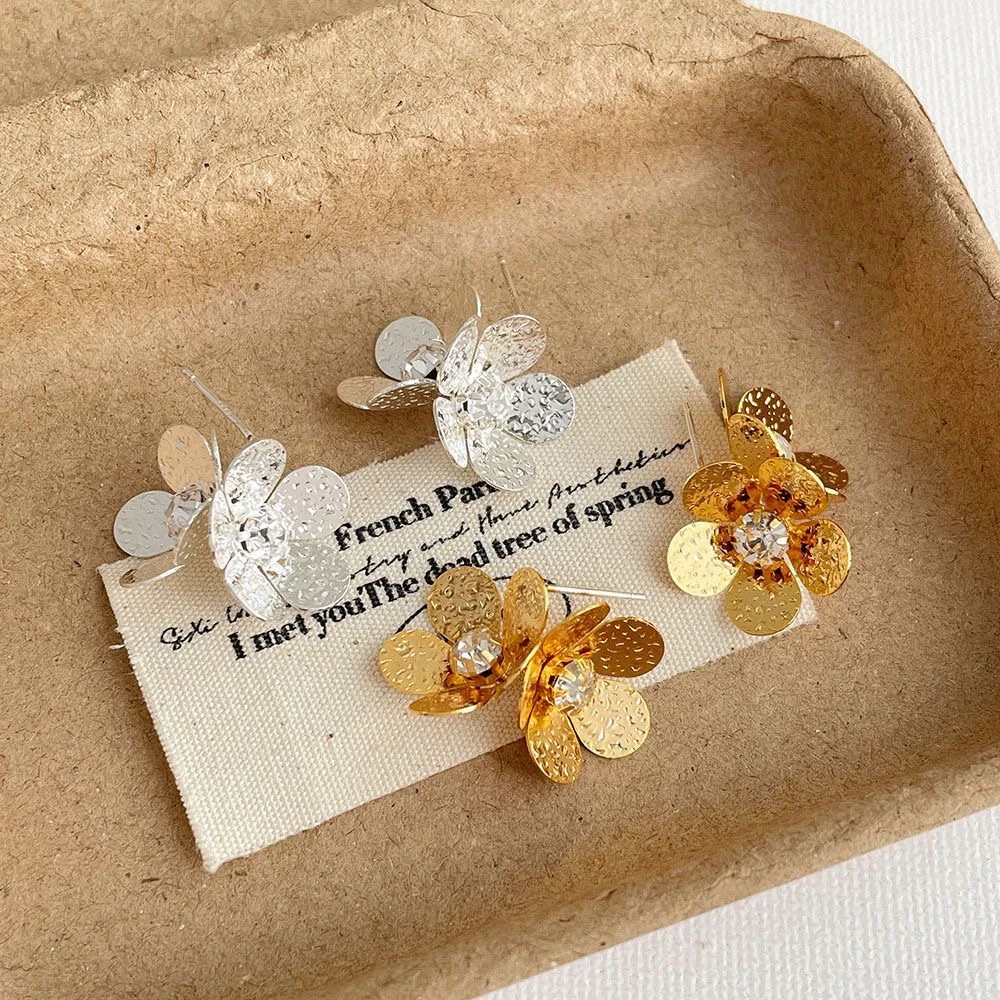 时尚轻奢金属肌理感双层花朵耳钉韩版小众设计感花瓣耳环女耳饰品