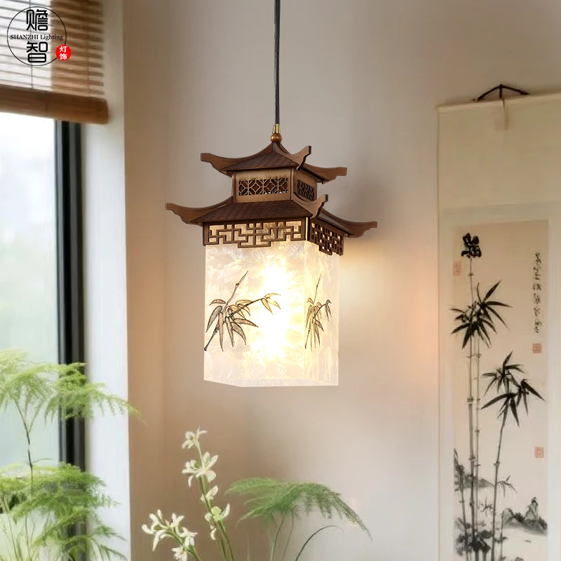 新中式宋代美学禅意茶室餐厅仿古建筑房子珐琅彩吊灯四角凉亭吊灯