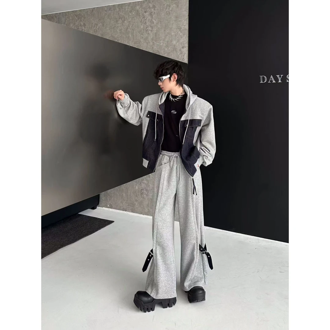 小众设计感垫肩牛仔拼接休闲套装早秋款外套长裤两件套