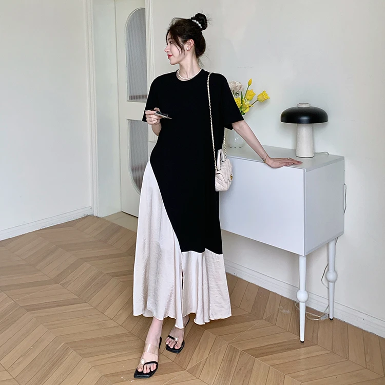 2025夏新款/宽松大码拼醋酸缎显瘦法式韩版高级感休闲短袖连衣裙