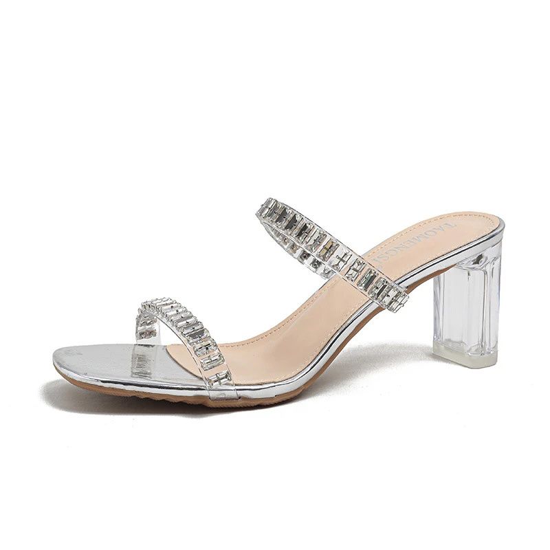 新款夏季精致仙女风方头双一字钻带透明粗跟凉鞋女外穿百搭高跟鞋