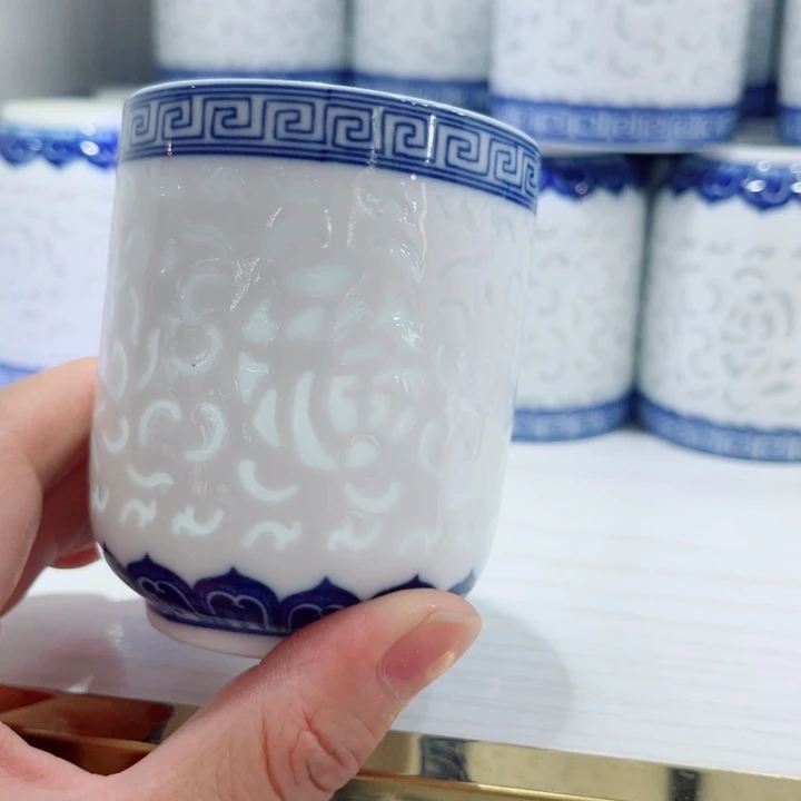 青花玲珑满雕可乐杯