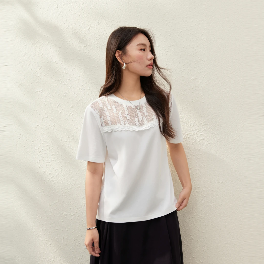【温柔别致T恤】纤莉秀E大码女装优雅蕾丝拼接时尚百搭T恤QK2124