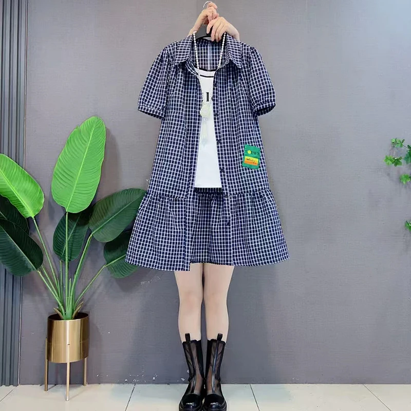 新款时尚POLO领格子连衣裙大码女装胖mm遮肉显瘦衬衫裙潮