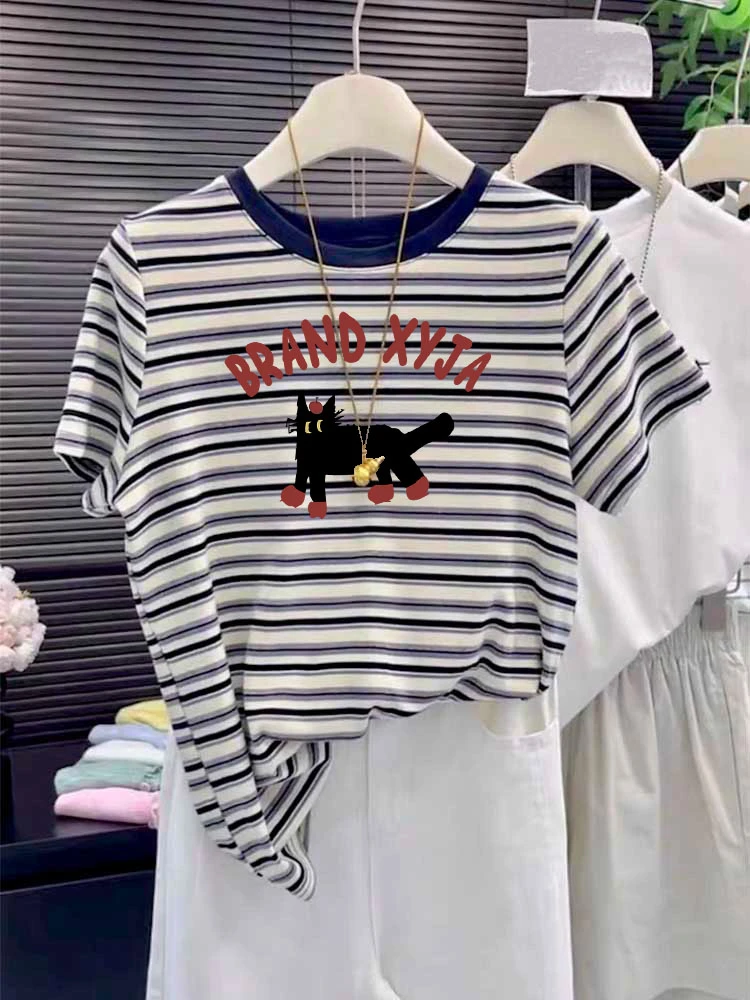 洋气时髦减龄圆领正肩条纹t恤宽松短袖夏季撞色简约高级韩式上衣