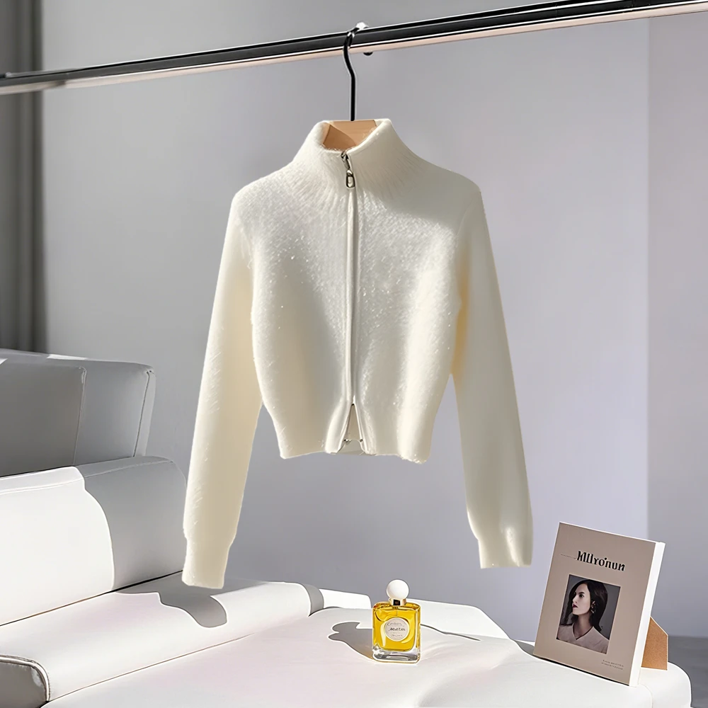 纯欲慵懒风立领针织开衫毛衣女2025秋冬新款时尚百搭拉链上衣外套