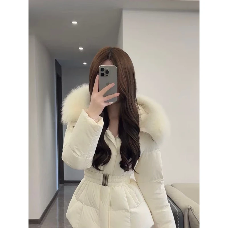 小蛮腰大毛领羽绒服女2025冬季收腰系带连帽棉短款加厚白鸭绒外套