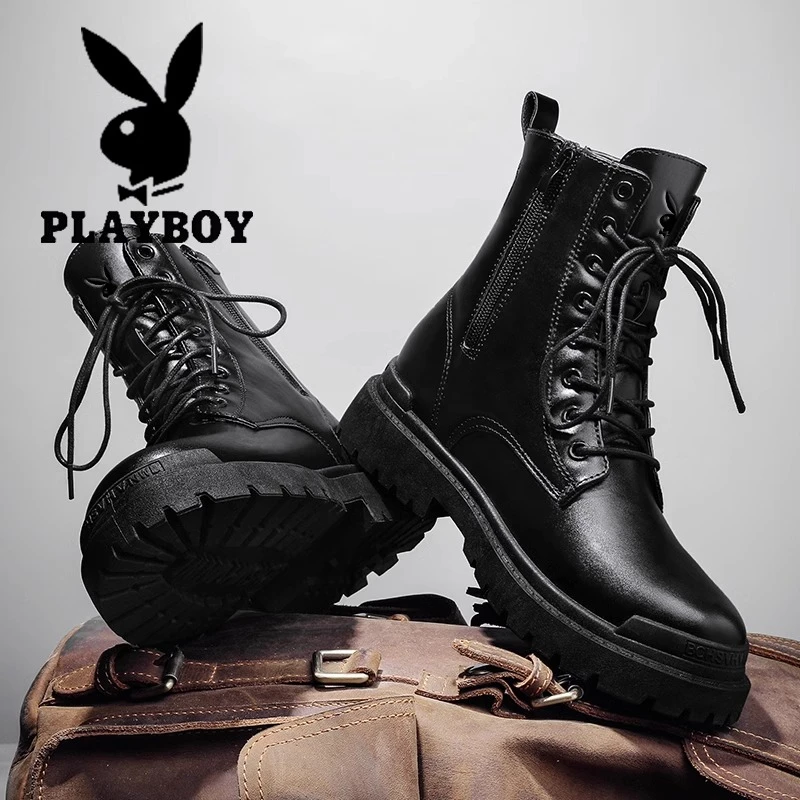 花花公子马丁靴男款冬季英伦风休闲潮流黑色工装皮靴运动户外靴子