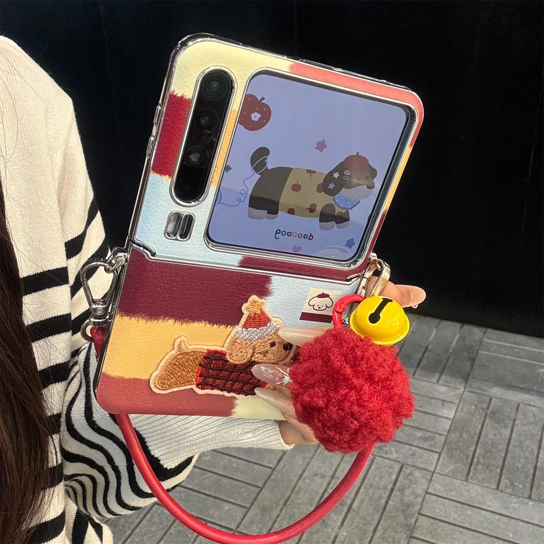 适用华为purax折叠屏手机壳拼接皮质pocket2色块刺绣狗狗毛球手绳