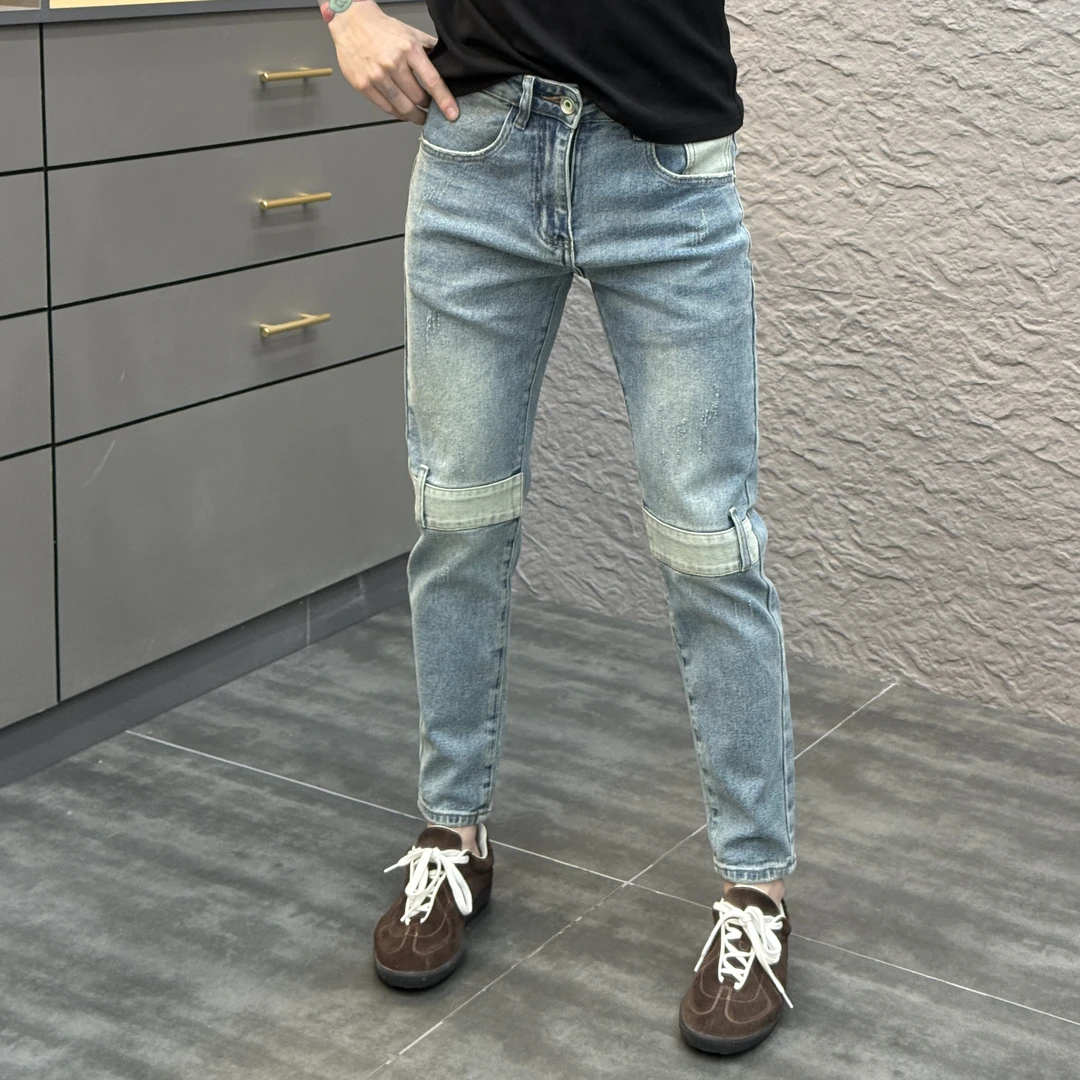 2025春季新款时尚休闲百搭创意存色净版男士小脚九分牛仔裤7959