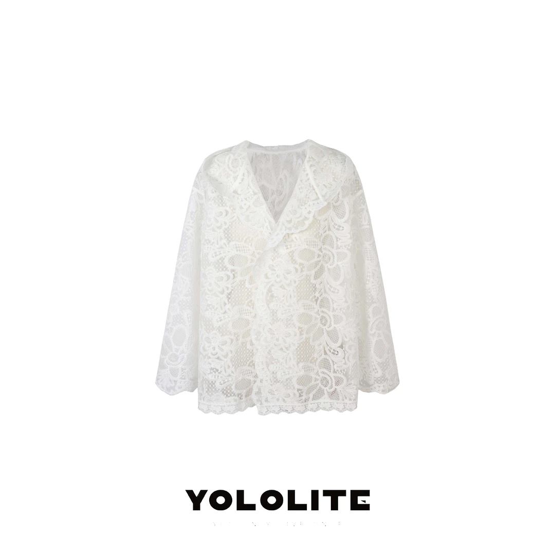YOLOLITE【花田】2738夏季新款立体蕾丝边重工钩花连帽针织开衫上衣