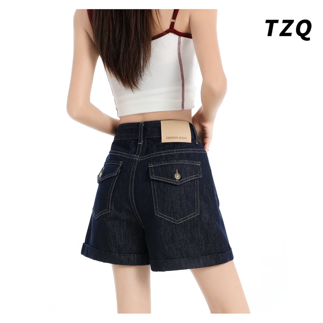 丹宁蓝高腰牛仔短裤女夏薄款2025新款阔腿显瘦a字热裤TZQ2561262