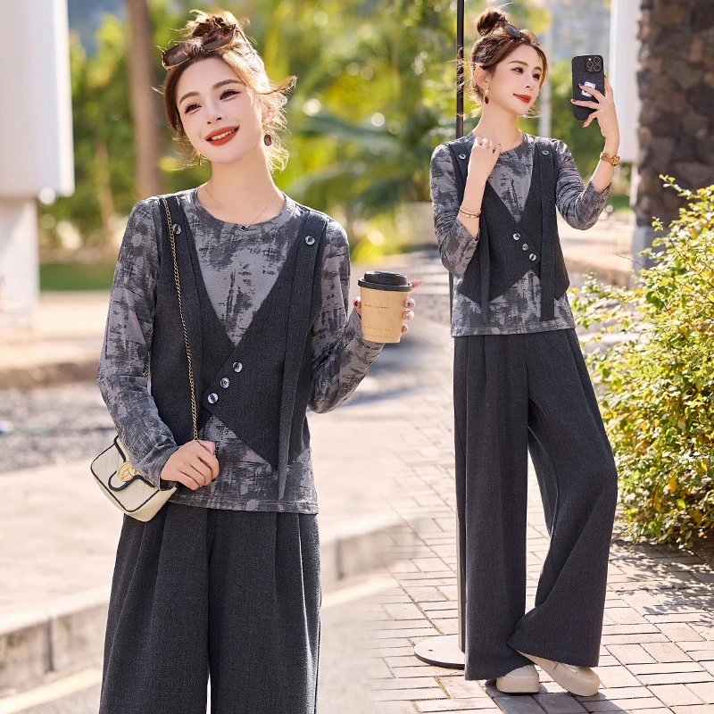 时尚假两件马甲上衣阔腿裤套装女2025年秋季新款高级感休闲两件套