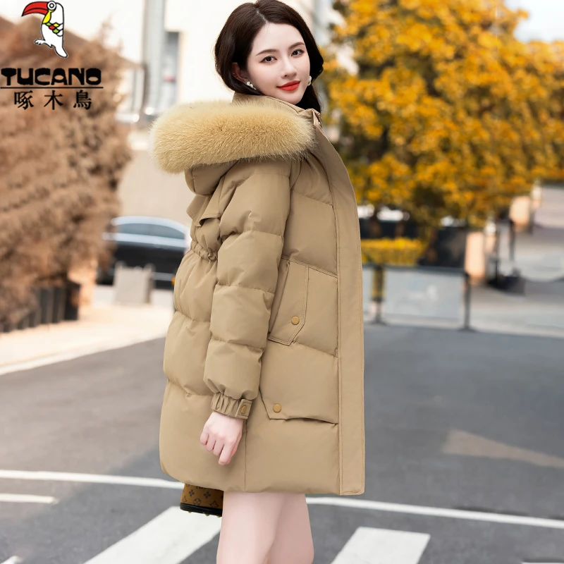 啄木鸟大毛领羽绒服女款中长款冬季2025新款高端洋气中年女士外套
