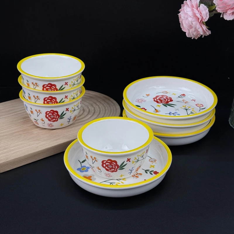 百花齐放陶瓷餐具8件套【4.8英寸碗4个+7英寸盘子4个】