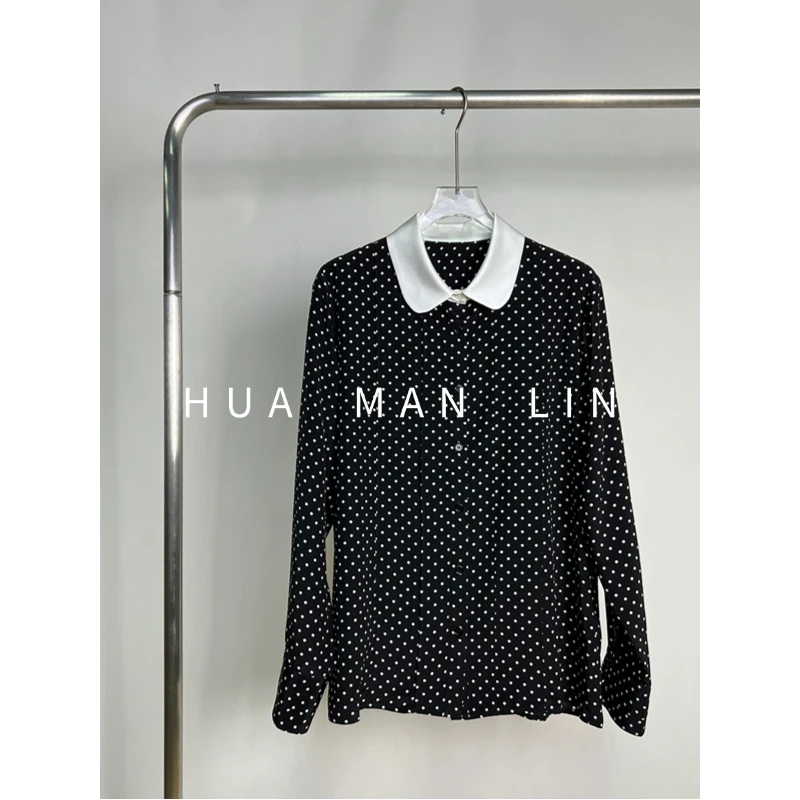 【花满林】撞色翻领正门襟波点双绉真丝桑蚕丝长袖上衣259214