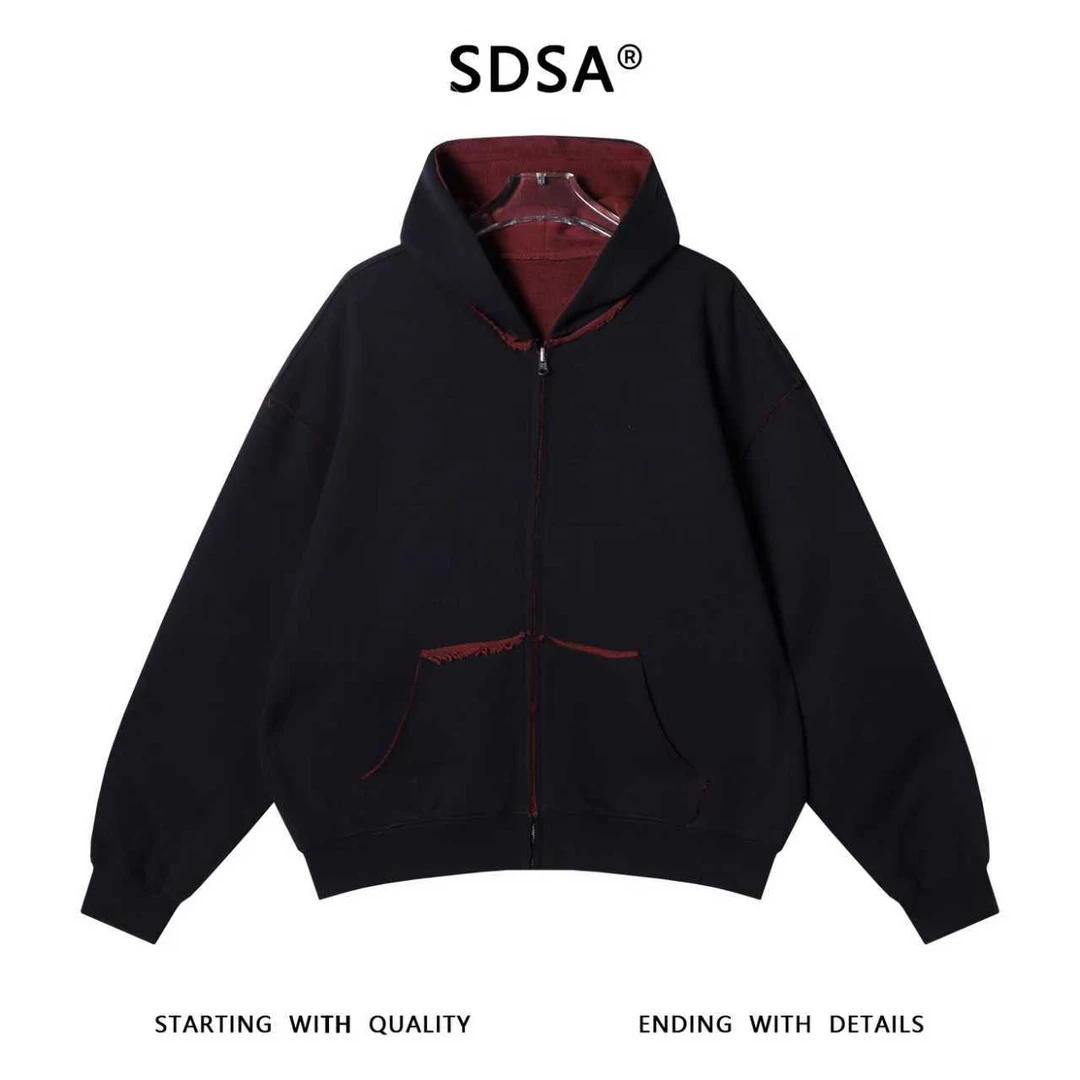 SDSA男士秋冬新款痞帅男装磨边连帽卫衣拉链印花字母双面设计上衣