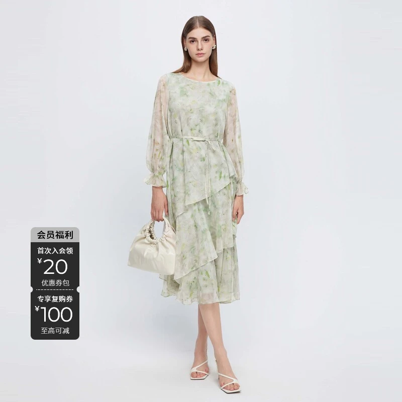 S·DEER圣迪奥秋季法式田园气质风收腰印花不规则长袖女装连衣裙