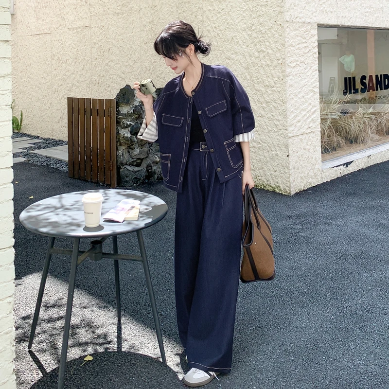 秋日巨好看的两件套条纹拼接明线牛仔外套休闲松弛感阔腿裤套装