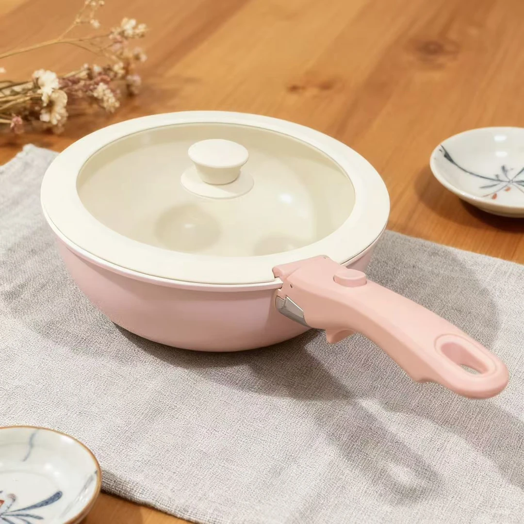 （微瑕）陶瓷高货可拆卸手柄26CM粉色炒锅带盖带手柄不沾不挑灶具