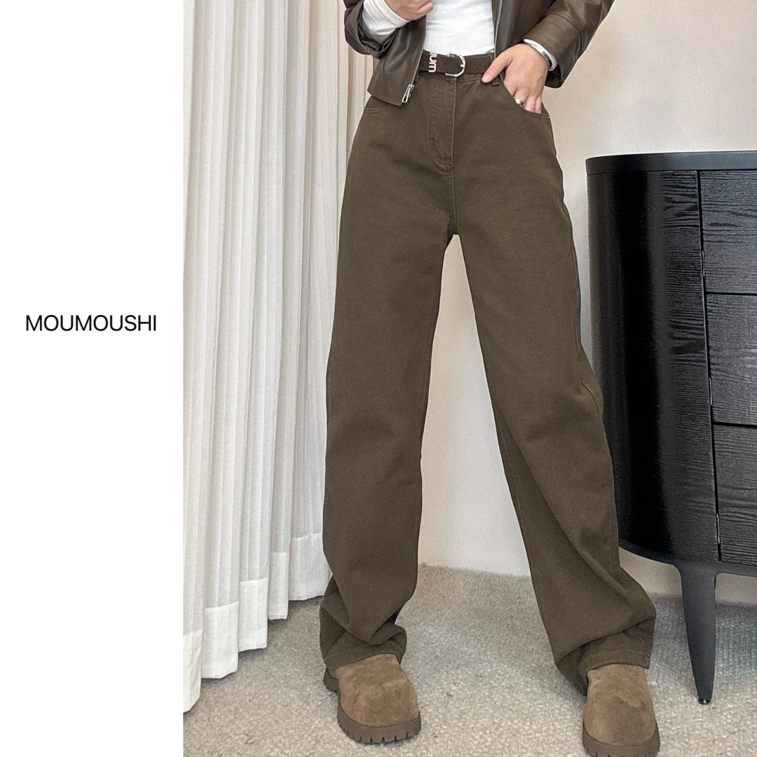 9001#阿金 加溥绒高腰咖色阔腿牛仔裤女时尚显瘦宽松百搭直筒裤