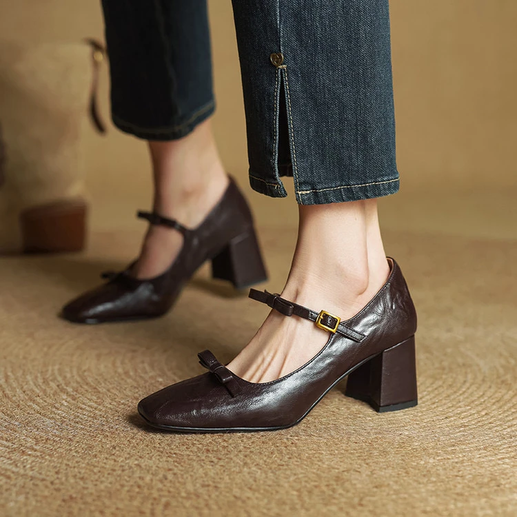 里外纯皮～羊皮6.5cm方头高跟蝴蝶结法式玛丽珍女单鞋春秋韩版粗跟