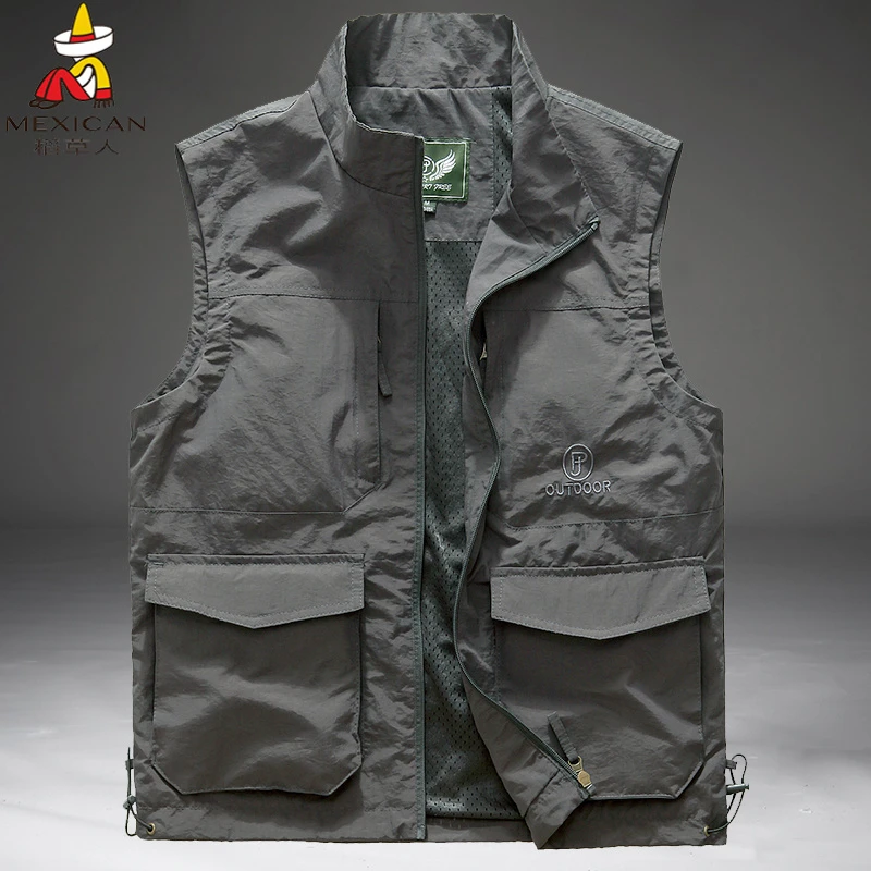 Mexican/稻草人春夏季工装马甲男多口袋外穿背心户外防水速干马夹