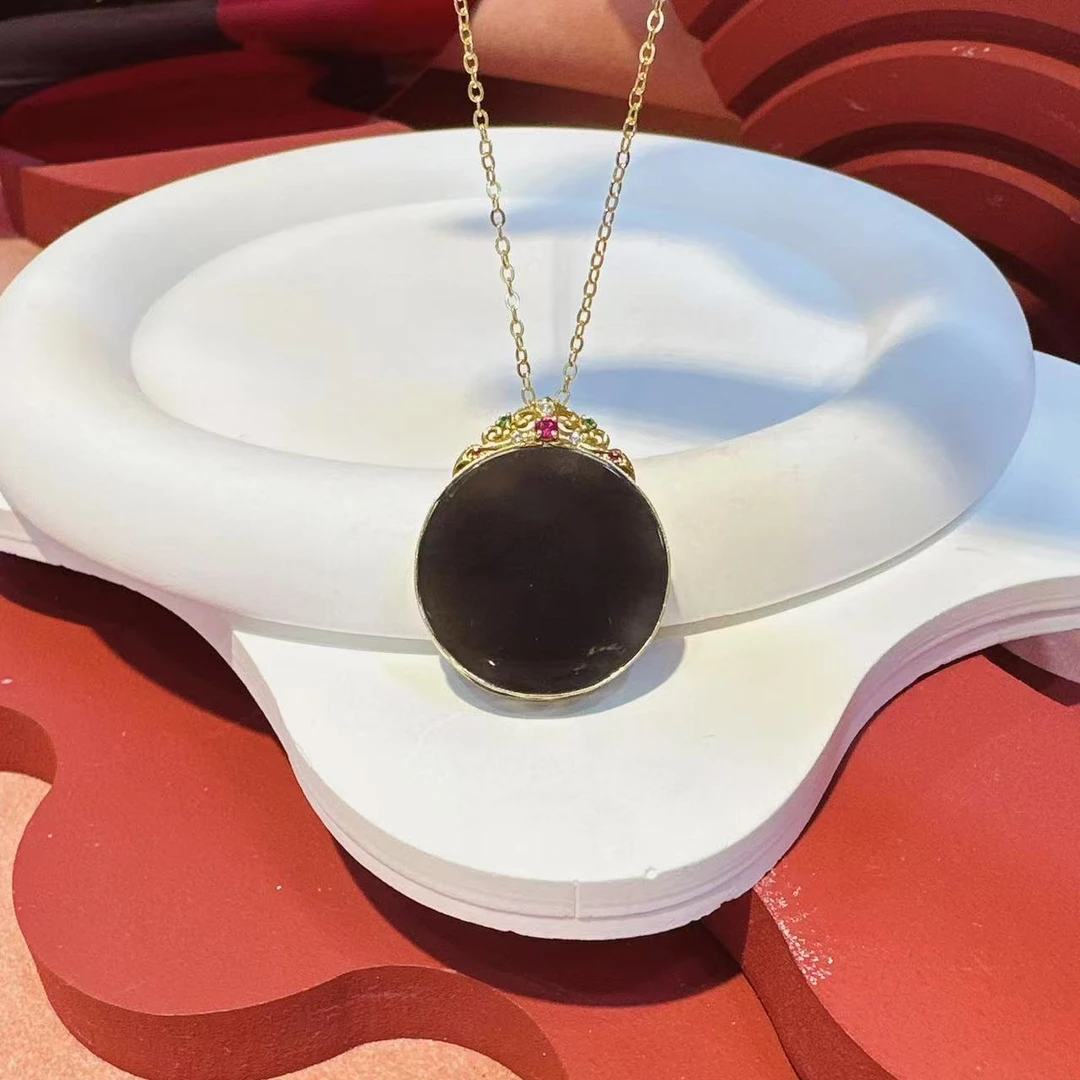 18K金镶嵌25*5mm和田玉烟紫圆镜HNZ9380