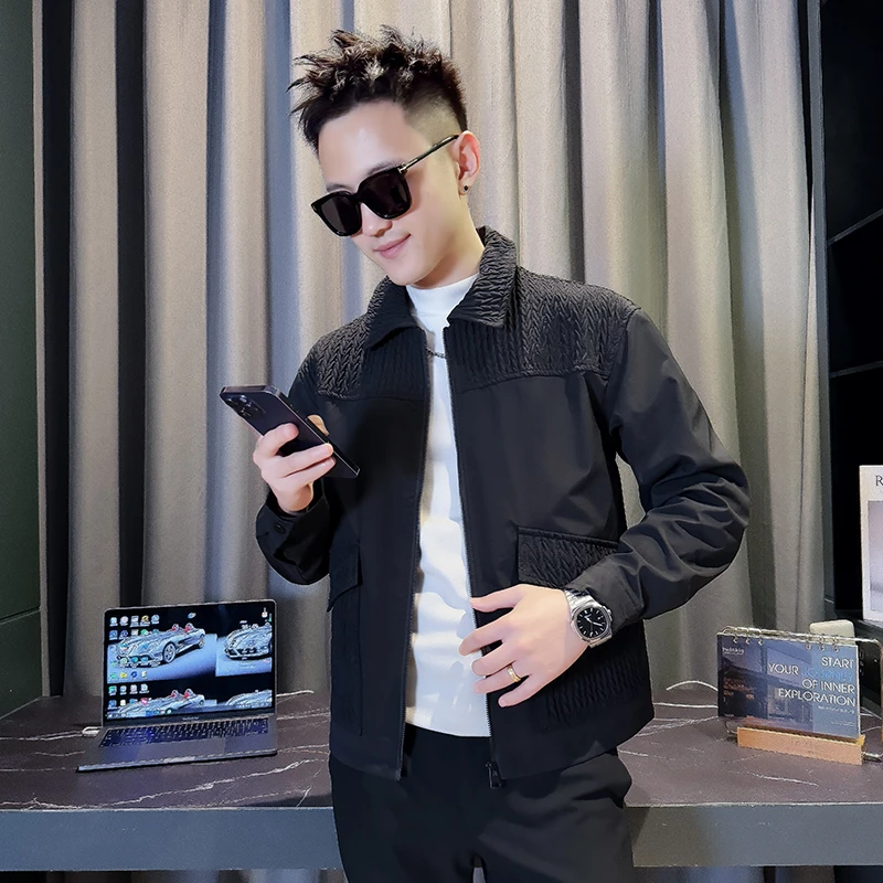 麦穗拼接外套男款春秋季爆款新款高级感潮牌时尚痞帅翻领短款夹克